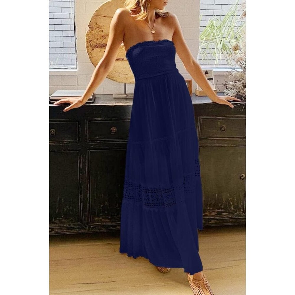Women's Blue Summer Bohemian Strapless Off Shoulder Lace Trim Backless Flowy - Picture 7 of 9